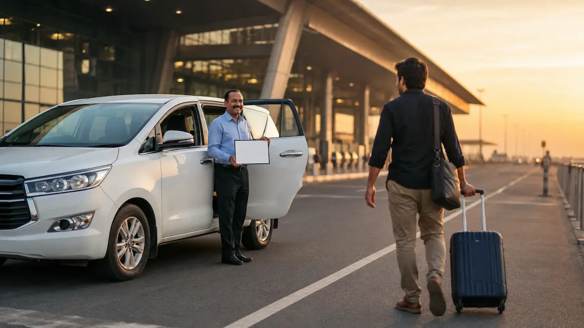 Hirasar Airport taxi Rajkot — Innova Crysta cab waiting at Rajkot International Airport arrivals by Jalaram Taxi